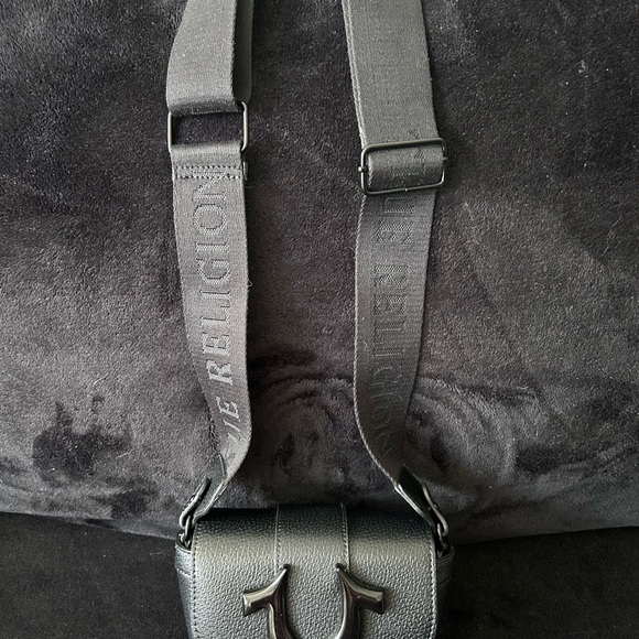 True Religion Handbags - True Religion Black Leather Messenger with Logo Strap